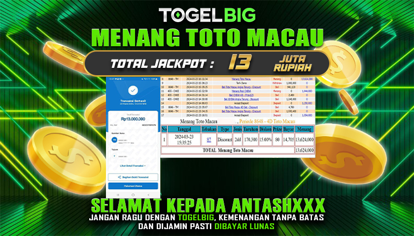 Selamat kepada User id ANTASHXXX  :Telah berhasil mendapatkan kemenangan besar pada permainan togel TOTO MACAU