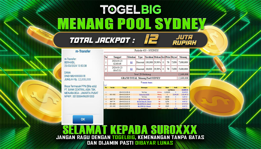 Selamat kepada User id  SUROXXX  :Telah berhasil mendapatkan kemenangan besar pada permainan togel POOL SYDNEY